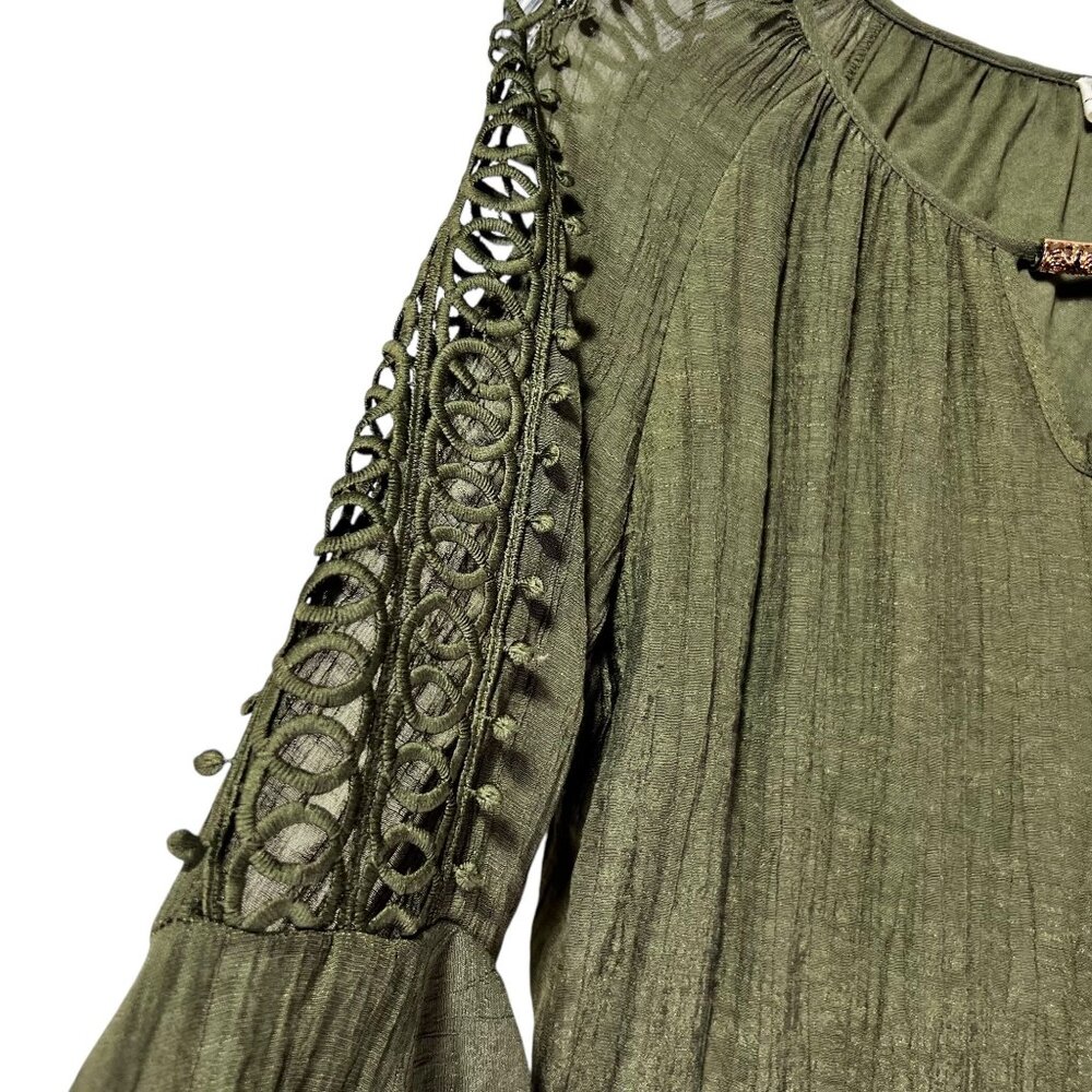 Indigo Rose Olive Green Bell Sleeve Boho Dress Lined Cutout Crochet Sleeves - Picture 7 of 14